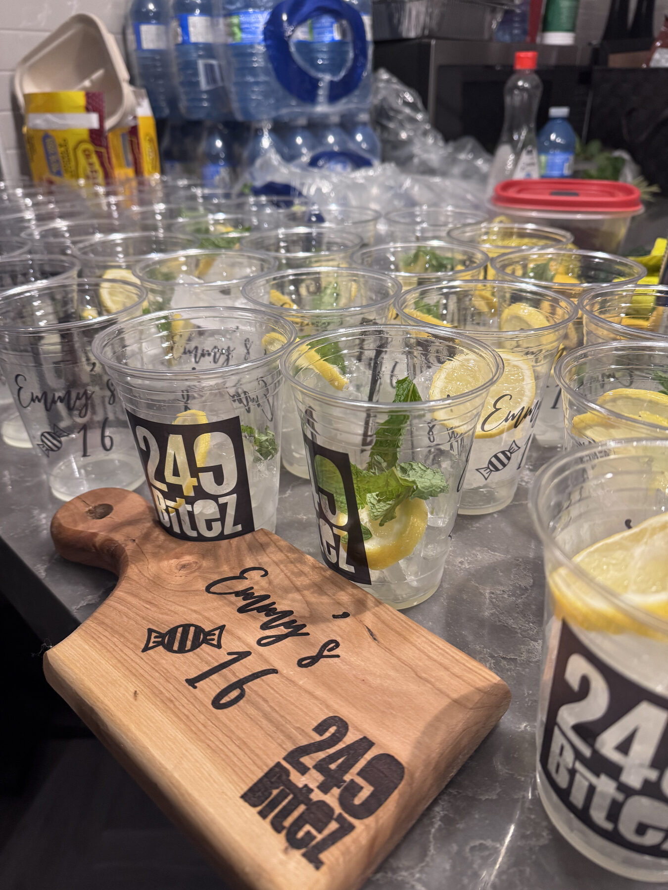 Personalized 249 Bitez cups and a custom board for Emmy's sweet sixteen.