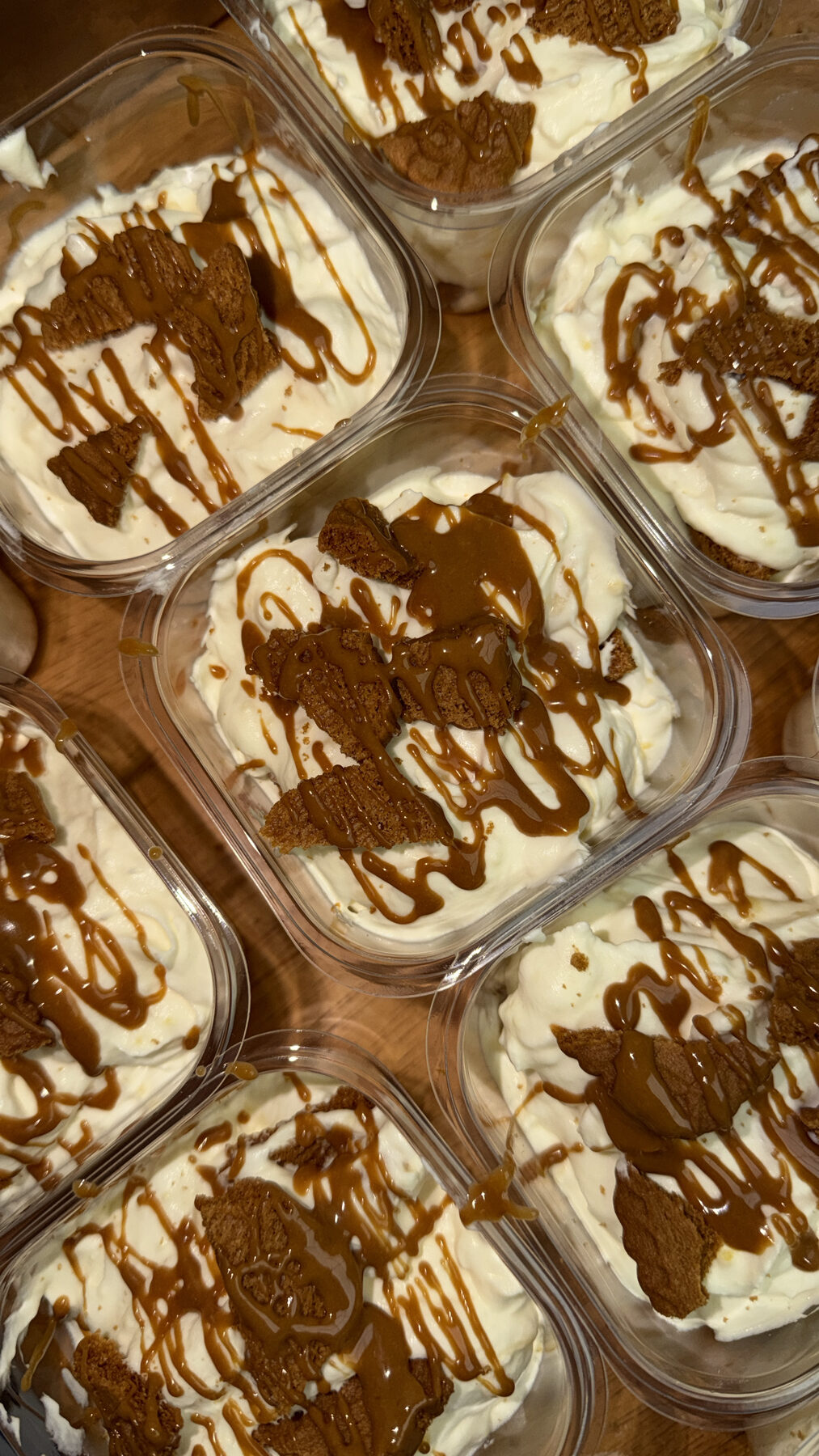 Biscoff banana pudding cups drizzled with cookie butter.