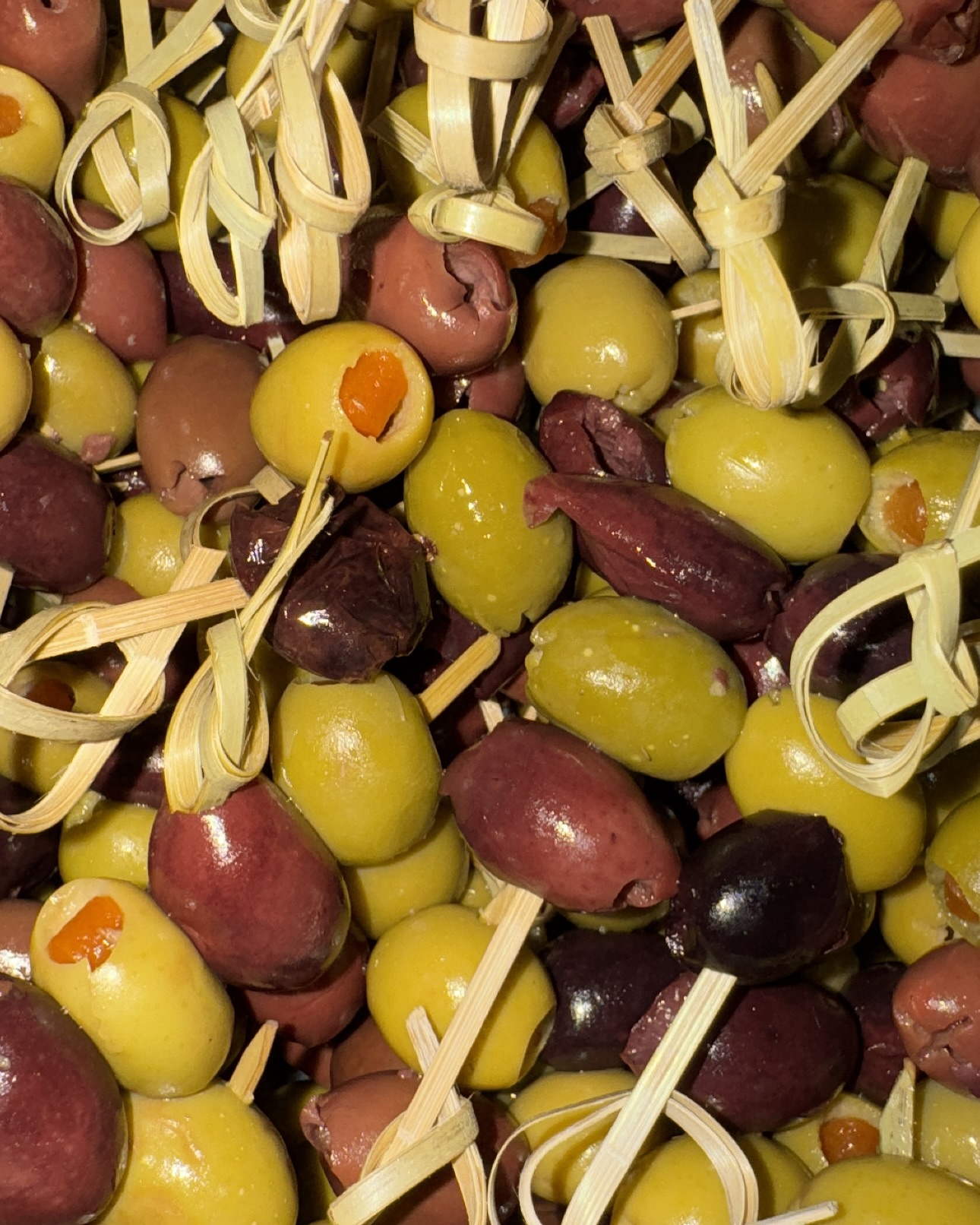 Olive and antipasto skewers, up close.